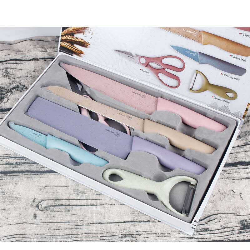 6 In 1 Colourful Evcrierh Corrugated Kitchen Knife Set Pisau Dapur 6 dalam 1 KITCHEN KNIVES 厨房刀剪刀KITCHEN SCISSORS