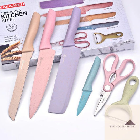 6 In 1 Colourful Evcrierh Corrugated Kitchen Knife Set Pisau Dapur 6 dalam 1 KITCHEN KNIVES 厨房刀剪刀KITCHEN SCISSORS