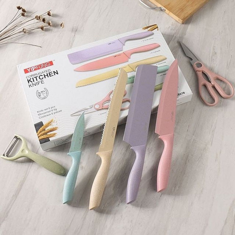 6 In 1 Colourful Evcrierh Corrugated Kitchen Knife Set Pisau Dapur 6 dalam 1 KITCHEN KNIVES 厨房刀剪刀KITCHEN SCISSORS