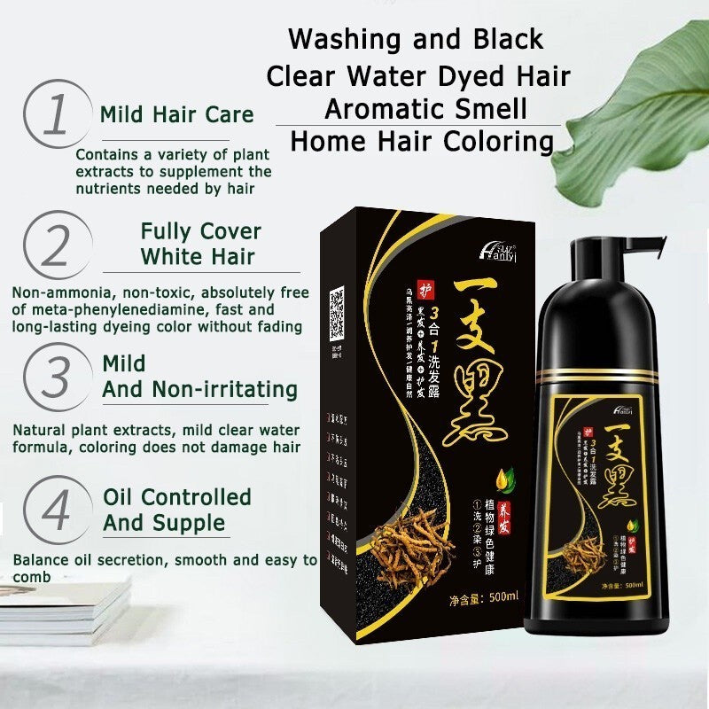 Natural Black Hair Shampoo 500mL Hair Dye Professional 3-In-1 Wash/Nourish/Dye Grey Hair White Hair Turn To Black